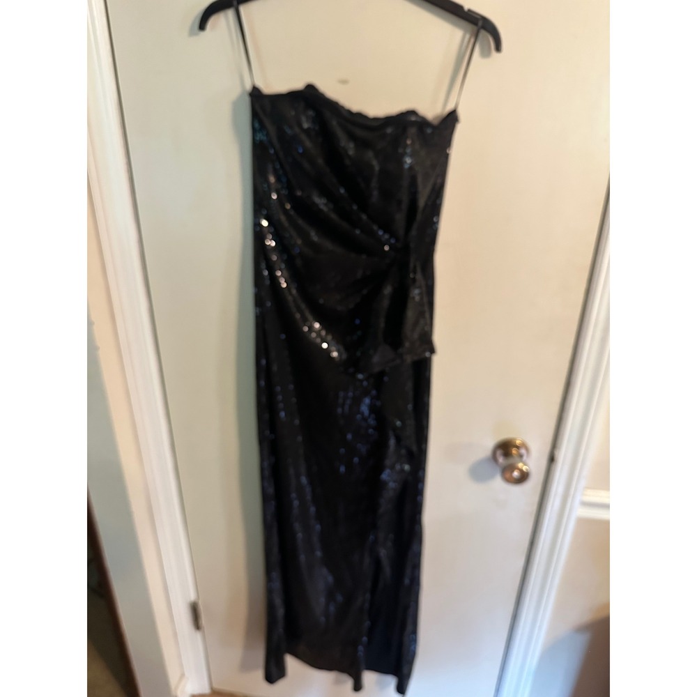 Lulus Black Sequin‎ Strapless Maxi Dress Side Slit Formal Gown IDE75476 Small
